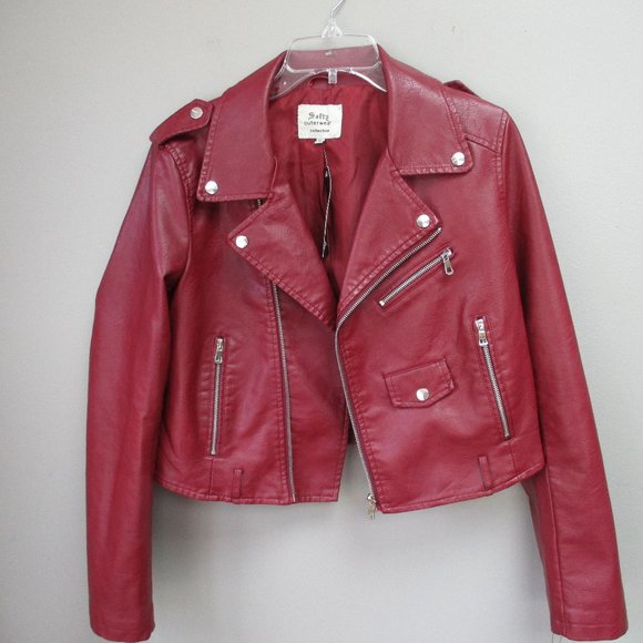 Softy Outerwear Jackets & Blazers - Junior Red Faux Leather Cropped Moto Jacket
